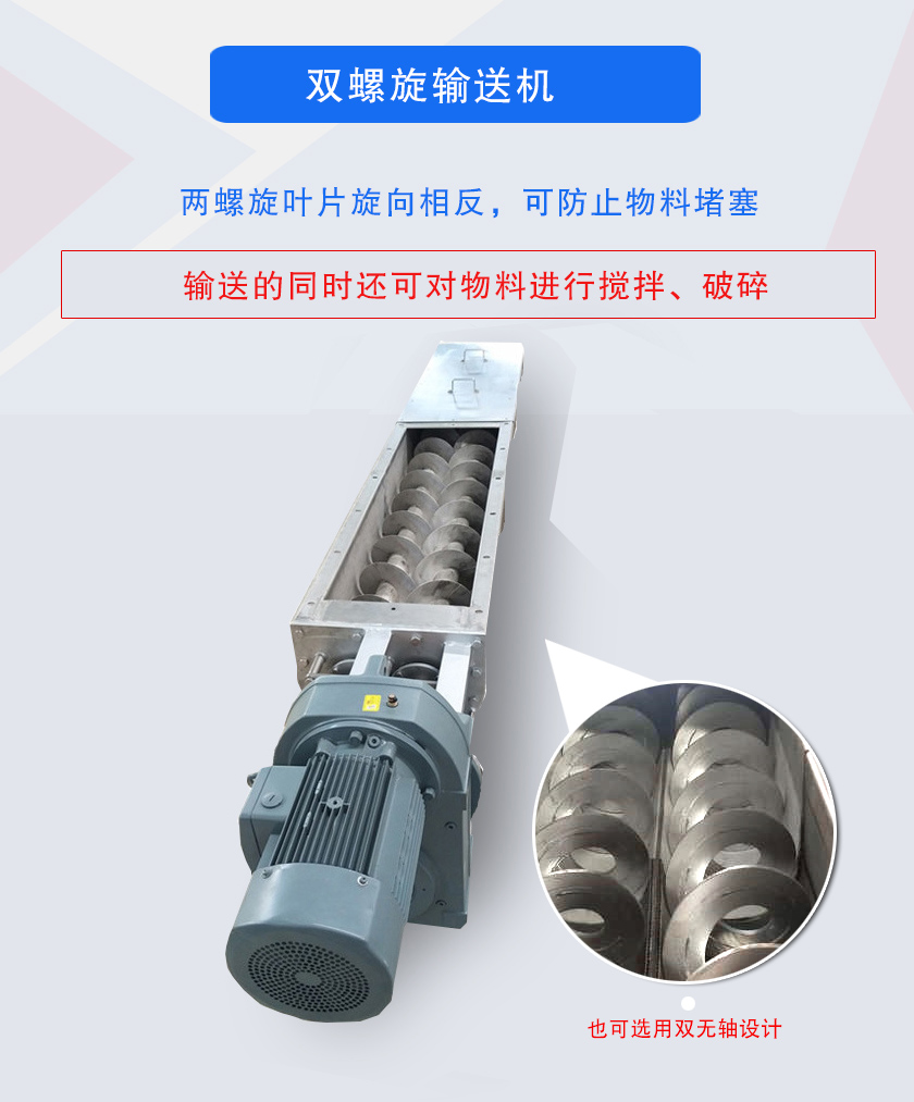 雙螺旋輸送機(jī)兩螺旋葉片旋向相反，可防止物料堵塞